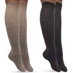MOUNTREX Kniestrümpfe - Alpaka Socken, Wollsocken für Damen, Herren - Warme Kuschelsocken - 2 Paar, Beige/Braun (Kniestrümpfe), 35-38 von MOUNTREX
