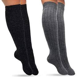 MOUNTREX Kniestrümpfe - Alpaka Socken, Wollsocken für Damen, Herren - Warme Kuschelsocken - 2 Paar, Grau/Anthrazit (Kniestrümpfe), 35-38 von MOUNTREX