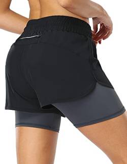 MOVE BEYOND 2-in-1-Laufshorts für Damen mit Reißverschlusstasche Kordelzug Sporthose Yoga Jogging Gym Workout, Schwarz&Dark Grau, M von MOVE BEYOND