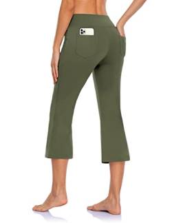 MOVE BEYOND Butterweiche Damen Bootcut Yogahose Capris mit 4 Taschen Bauchkontrolle Workout Bootleg Arbeitshose, Grün, L von MOVE BEYOND