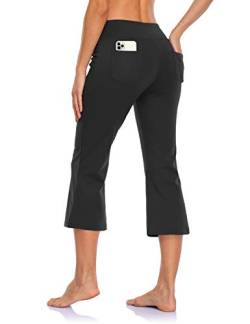 MOVE BEYOND Butterweiche Damen Bootcut Yogahose Capris mit 4 Taschen Bauchkontrolle Workout Bootleg Arbeitshose, Schwarz, M von MOVE BEYOND