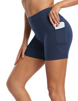 MOVE BEYOND Butterweiche Damen Kurze Leggings mit 2 Taschen Hoher Taille Kurz Yogahose Sporthose Bauchkontrolle Blickdicht Yoga-Shorts Radlerhose, 13cm Schrittlänge, Blau, XXL von MOVE BEYOND