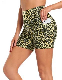 MOVE BEYOND Butterweiche Damen Kurze Leggings mit 2 Taschen Hoher Taille Kurz Yogahose Sporthose Bauchkontrolle Blickdicht Yoga-Shorts Radlerhose, 13cm Schrittlänge, Leopard, M von MOVE BEYOND