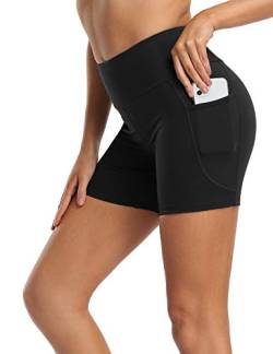 MOVE BEYOND Butterweiche Damen Kurze Leggings mit 2 Taschen Hoher Taille Kurz Yogahose Sporthose Bauchkontrolle Blickdicht Yoga-Shorts Radlerhose, 13cm Schrittlänge, Schwarz, S von MOVE BEYOND