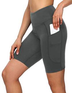 MOVE BEYOND Butterweiche Damen Kurze Leggings mit 2 Taschen Hoher Taille Kurz Yogahose Sporthose Bauchkontrolle Blickdicht Yoga-Shorts Radlerhose, 20cm Schrittlänge, Grau, M von MOVE BEYOND