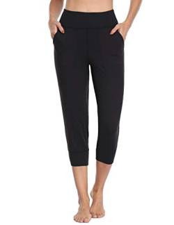 MOVE BEYOND Butterweiche Jogginghose Capris für Damen mit 4 Taschen Aktiv-Jogginghose mit hoher Taille Workout Yoga Lounge Hose, Schwarz, L von MOVE BEYOND