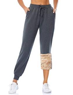 MOVE BEYOND Damen Warme Gefütterte Jogginghose Thermo Fleece Hosen mit 2 Taschen Winter Verdickte Laufhose Freizeithose mit Kordelzug Sherpa-Innenfutter Sweathose, Grau, Plüschhose, L von MOVE BEYOND