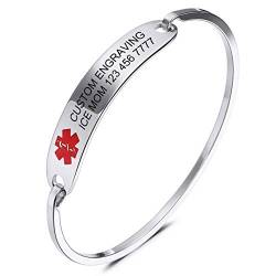 MOWOM Medical Alarm Stulpe Armreifen Armband Für Damen Mädchen Maßgeschneiderte Gravur Edelstahl Personalisierte Name ID Identifizierung Allergie Notfall - (Silberfarbe, 60 Millimeter Durchmesser) von MOWOM Medical