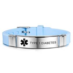 MOWOM Medical SOS Notfall Armband Personalisiertes Gravur Silikon Edelstahl Namensarmband Männer Damen Jungen Mädchen - Bündel mit Notfallkarte, Kartenhülle (Hellblau Type 1 Diabetes) von MOWOM Medical