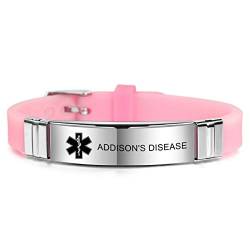 MOWOM Medical SOS Notfall Armband Personalisiertes Gravur Silikon Edelstahl Namensarmband Männer Damen Jungen Mädchen - Bündel mit Notfallkarte, Kartenhülle (Rosa Addison's Disease) von MOWOM Medical