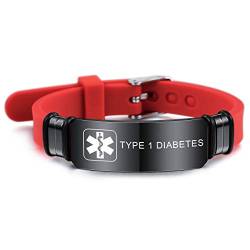 MOWOM Medical SOS Notfall Armband Personalisiertes Gravur Silikon Edelstahl Namensarmband Männer Damen Jungen Mädchen - Bündel mit Notfallkarte, Kartenhülle (Rot Type 1 Diabetes) von MOWOM Medical