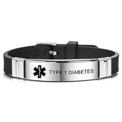 MOWOM Medical SOS Notfall Armband Personalisiertes Gravur Silikon Edelstahl Namensarmband Männer Damen Jungen Mädchen - Bündel mit Notfallkarte, Kartenhülle (Schwarz Type 1 Diabetes) von MOWOM Medical