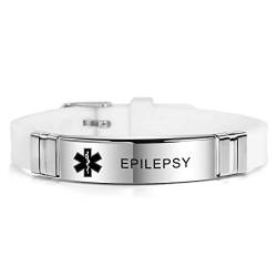 MOWOM Medical SOS Notfall Armband Personalisiertes Gravur Silikon Edelstahl Namensarmband Männer Damen Jungen Mädchen - Bündel mit Notfallkarte, Kartenhülle (Weiß Epilepsy) von MOWOM Medical