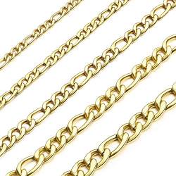MOWOM Kubanischen Gliederkette Halskette Wasserdicht Herren Edelstahl Halskette Für Damen Jungen Kinder Dünne Figaro Halskette Kette Mit Geschenktüte (Gold Farbe, 7MM Breit, 20 Zoll lang) von MOWOM