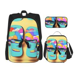 MQGMZ Lustige Flip-Flops Hausschuhe Kunst Sandalen Druck Reiserucksack 3-teiliges Set, leicht, wasserabweisend, Büchertasche, Lunch-Tasche, Federmäppchen von MQGMZ