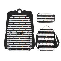 MQGMZ Reiserucksack, 3-teiliges Set, leicht, wasserabweisend, Büchertasche, Lunchtasche, Federmäppchen mit Regenbogen-Punkten, Schwarz und Weiß von MQGMZ