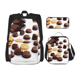 MQGMZ Reiserucksack, Motiv: Kekse, Lebensmittel, Schokolade, Kekse, 3-teiliges Set, leicht, wasserabweisend, Büchertasche, Lunch-Tasche, Federmäppchen, Kekse Lebensmittel Schokoladenkekse, von MQGMZ