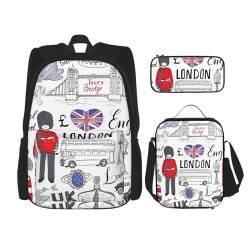 MQGMZ Reiserucksack mit Aufschrift "I Love London", 3-teiliges Set, leicht, wasserabweisend, Büchertasche, Lunch-Tasche, Federmäppchen von MQGMZ