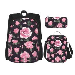MQGMZ Reiserucksack mit Blumenmuster, Rosenmuster, 3-teiliges Set, leicht, wasserabweisend, Büchertasche, Lunch-Tasche, Federmäppchen von MQGMZ