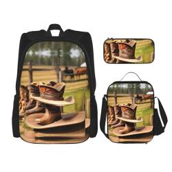 MQGMZ Reiserucksack mit Cowgirl-Stiefeln, Hut im Bauernhof-Design, 3-teiliges Set, leicht, wasserabweisend, Büchertasche, Lunch-Tasche, Federmäppchen von MQGMZ