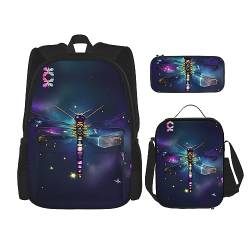 MQGMZ Reiserucksack mit Galaxie-Tier-Libellen-Aufdruck, 3-teiliges Set, leicht, wasserabweisend, Büchertasche, Lunch-Tasche, Federmäppchen von MQGMZ