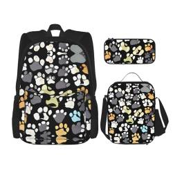 MQGMZ Reiserucksack mit Hundepfotenabdrucken, 2 Stück, 3-teiliges Set, leicht, wasserabweisend, Büchertasche, Lunch-Tasche, Federmäppchen von MQGMZ