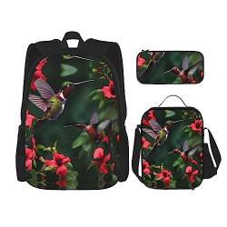 MQGMZ Reiserucksack mit Kolibris, rote Blumen, Hibiskusdruck, großes Fassungsvermögen, 3-teiliges Set, leichte, wasserabweisende Büchertasche, Lunch-Tasche, Federmäppchen von MQGMZ