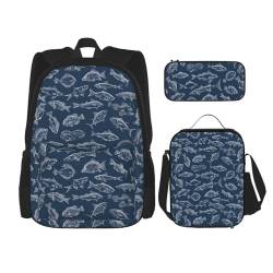 MQGMZ Reiserucksack mit Ozeanfischen-Aufdruck, 3-teiliges Set, leicht, wasserabweisend, Büchertasche, Lunch-Tasche, Federmäppchen von MQGMZ