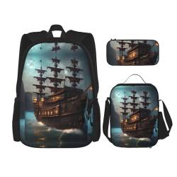 MQGMZ Reiserucksack mit Piratenschiff-Motiv, 3-teiliges Set, leicht, wasserabweisend, Büchertasche, Lunch-Tasche, Federmäppchen von MQGMZ