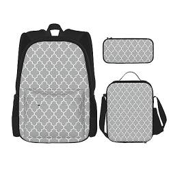 MQGMZ Reiserucksack mit Vierpass-Motiv, Grau, 3-teiliges Set, leicht, wasserabweisend, Büchertasche, Lunch-Tasche, Federmäppchen von MQGMZ