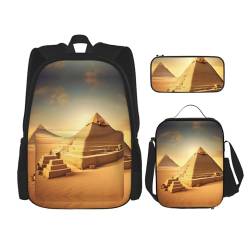 MQGMZ Reiserucksack mit ägyptischer Pyramide in Wüsten-Aufdruck, leicht, wasserabweisend, Büchertasche, Lunch-Tasche, Federmäppchen von MQGMZ