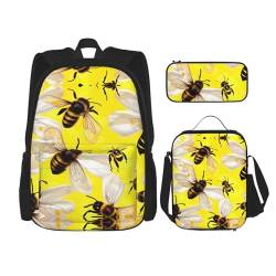 MQGMZ Reiserucksack mit fliegenden Bienen, Gänseblümchen-Motiv, 3-teiliges Set, leicht, wasserabweisend, Büchertasche, Lunch-Tasche, Federmäppchen von MQGMZ