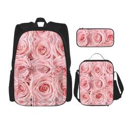 MQGMZ Reiserucksack mit frischen Rosen, 3-teiliges Set, leicht, wasserabweisend, Büchertasche, Lunch-Tasche, Federmäppchen von MQGMZ