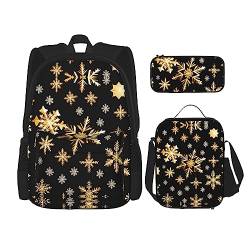 MQGMZ Reiserucksack mit goldenen Weihnachtsschneeflocken-Aufdruck, 3-teiliges Set, leicht, wasserabweisend, Büchertasche, Lunch-Tasche, Federmäppchen von MQGMZ