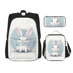MQGMZ Reiserucksack mit niedlichem weißem Kaninchen-Aufdruck, 3-teiliges Set, leicht, wasserabweisend, Büchertasche, Lunch-Tasche, Federmäppchen von MQGMZ