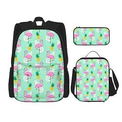 MQGMZ Reiserucksack mit pinkem Flamingo-Ananas-Aufdruck, 3-teiliges Set, leicht, wasserabweisend, Büchertasche, Lunch-Tasche, Federmäppchen von MQGMZ