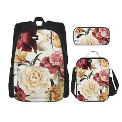 MQGMZ Reiserucksack mit rosa Blumen und Rosenmuster, 3-teiliges Set, leicht, wasserabweisend, Büchertasche, Lunch-Tasche, Federmäppchen von MQGMZ