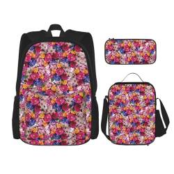 MQGMZ Reiserucksack mit rosa Blumen und goldenen Rosen, 3-teiliges Set, leicht, wasserabweisend, Büchertasche, Lunch-Tasche, Federmäppchen von MQGMZ