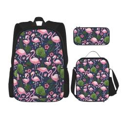 MQGMZ Reiserucksack mit rosa Flamingo- und Blätter-Aufdruck, leicht, wasserabweisend, Büchertasche, Lunch-Tasche, Federmäppchen von MQGMZ
