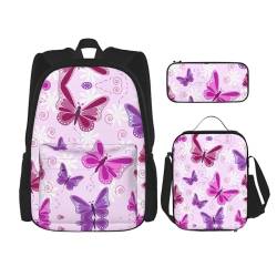 MQGMZ Reiserucksack mit rosa Schmetterlings-Aufdruck, 3-teiliges Set, leicht, wasserabweisend, Büchertasche, Lunch-Tasche, Federmäppchen von MQGMZ