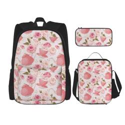 MQGMZ Reiserucksack mit rosa Teekannenaufdruck, 3-teiliges Set, leicht, wasserabweisend, Büchertasche, Lunch-Tasche, Federmäppchen von MQGMZ