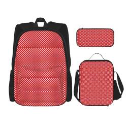 MQGMZ Reiserucksack mit roten und weißen Punkten, leicht, wasserabweisend, Büchertasche, Lunch-Tasche, Federmäppchen, 3-teiliges Set von MQGMZ