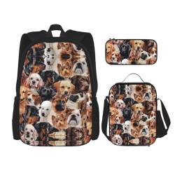 MQGMZ Reiserucksack mit vielen Hunden, 3-teiliges Set, leicht, wasserabweisend, Büchertasche, Lunch-Tasche, Federmäppchen von MQGMZ