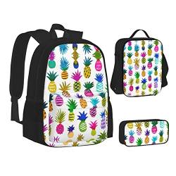 MQGMZ Rucksack für Teenager, Schulbüchertaschen, Mädchen, Jungen, tropische Früchte, Rucksäcke mit Lunchbox und Federmäppchen, Rainbow Ananas, Einheitsgröße, Reiserucksäcke von MQGMZ