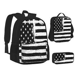 MQGMZ Rucksack mit amerikanischer Flagge, 3-teiliges Set, Schwarz / Weiß (Bleistiftetui + Rucksäcke + Lunchtasche-Kombination) von MQGMZ