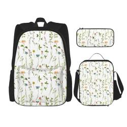 MQGMZ Season Watercolors Of Herbs Flowers Print Lightweight Backpack Set Of 3 Pieces (Bleistiftetui, Schultasche, Lunchtasche, Kombination) von MQGMZ