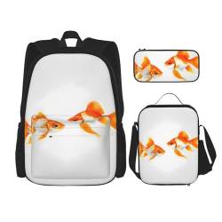 MQGMZ Süßer Reiserucksack mit Goldfisch-Aufdruck, 3-teiliges Set, leicht, wasserabweisend, Büchertasche, Lunch-Tasche, Federmäppchen von MQGMZ