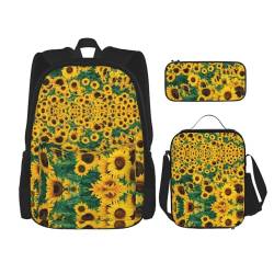 MQGMZ Viele schöne Sonnenblumen-Druck-Reiserucksack, 3-teiliges Set, leicht, wasserabweisend, Büchertasche, Lunch-Tasche, Federmäppchen von MQGMZ