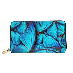 Multi-Card Wallet Nature Lila Blumen Wiese Berg Landschaftliches Muster Wasserdicht Münzclip Leder Kreditkartenhalter Clutch Geldbörse, Viele blaue Schmetterlinge, Einheitsgröße, Modern von MQGMZ