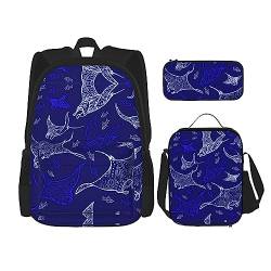 Reiserucksack mit Manta Ray und Fischdruck, 3-teiliges Set, leicht, wasserabweisend, Büchertasche, Lunch-Tasche, Federmäppchen von MQGMZ